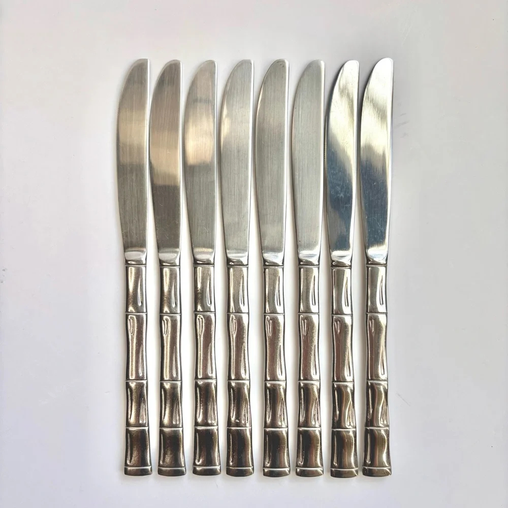 Vintage Korea Bamboo Pattern Stainless Steel Flatware‎ Knives 8 Piece Cutlery